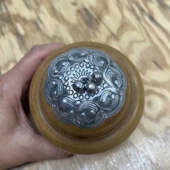 Handcrafted Mango Wood Thailand Round Wooden Box With Silver Metal Bells - Picture 2 of 9